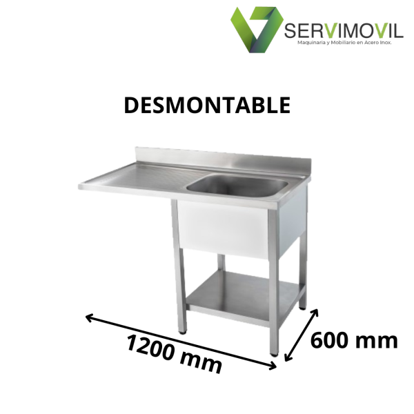 FREGADERO INDUSTRIAL DESMONTABLE 1200X600MM ESCURRIDOR IZQUIERDO SENO CON VALDA LAVAVAJILLAS