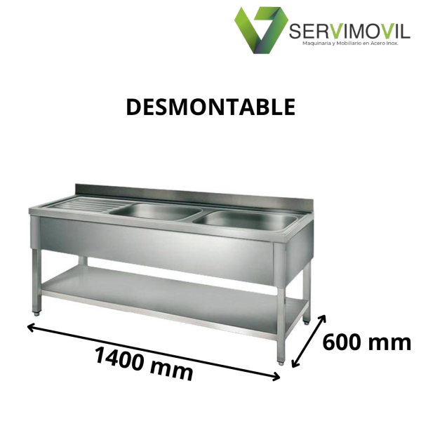 FREGADERO INDUSTRIAL DESMONTABLE 1400X600MM 2 SENOS DERECHA CON VALDA Y ESCURRIDOR